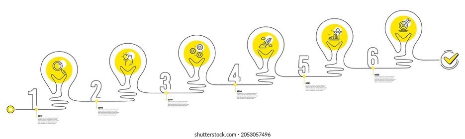 Business Infographic timeline with 6 steps. Lightbulb journey path infographics. Workflow process diagram with Research Idea, Working, Startup rocket and Goal target line icons. Vector