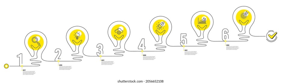 Business Infographic timeline with 6 steps. Lightbulb journey path infographics. Workflow process diagram with Research Idea, Working, Growth chart and Goal target line icons. Vector
