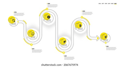 Business Infographic timeline with 6 steps. Workflow process diagram with Research Idea, Working time, Money earn and Goal target icons. Timeline infograph diagram. Vector