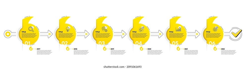 Business Infographic timeline with 6 steps. Quotes bookmarks journey infographics. Workflow process diagram with Idea, Working, Growth chart and Goal target line icons. Vector