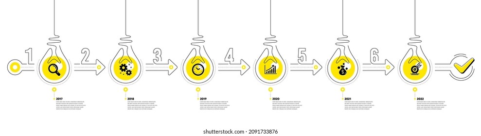 Business Infographic timeline with 6 steps. Workflow process diagram with Research, Working time, Growth chart and Goal target icons. Timeline infograph diagram. Vector