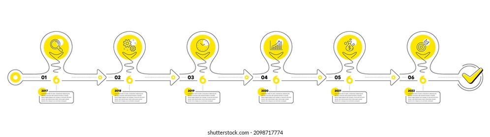 Business Infographic timeline with 6 steps. Lightbulb journey path infographics. Workflow process diagram with Research, Working time, Growth chart and Goal target line icons. Vector