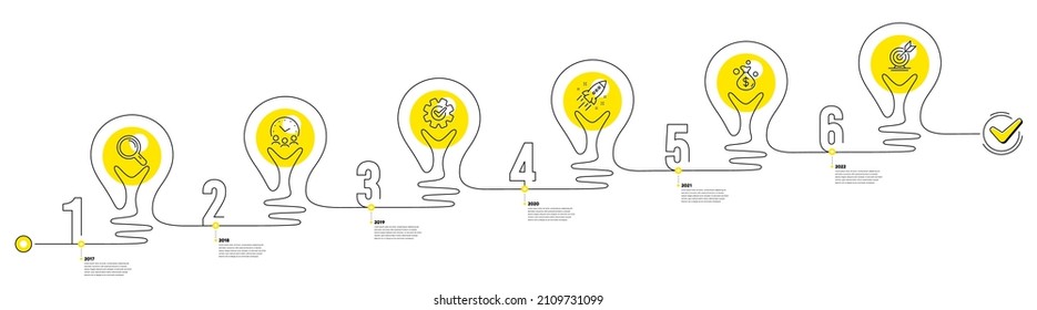 Business Infographic Timeline With 6 Steps. Lightbulb Journey Path Infographics. Workflow Process Diagram With Research Idea, Working Time, Money Earn And Goal Target Line Icons. Vector