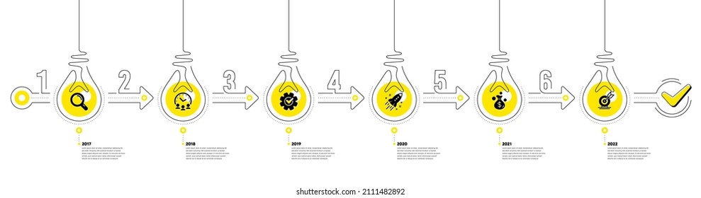 Business Infographic Timeline With 6 Steps. Workflow Process Diagram With Research Idea, Working Time, Money Earn And Goal Target Icons. Timeline Infograph Diagram. Vector