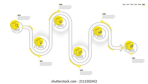 Business Infographic Timeline With 6 Steps. Journey Path Workflow Infographics. Workflow Process Diagram With Research Idea, Working, Growth Chart And Goal Target Line Icons. Vector