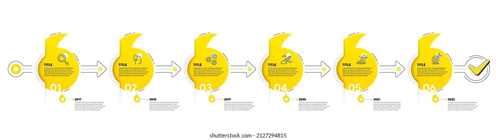 Business Infographic timeline with 6 steps. Quotes bookmarks journey infographics. Workflow process diagram with Research Idea, Working, Startup rocket and Goal target line icons. Vector