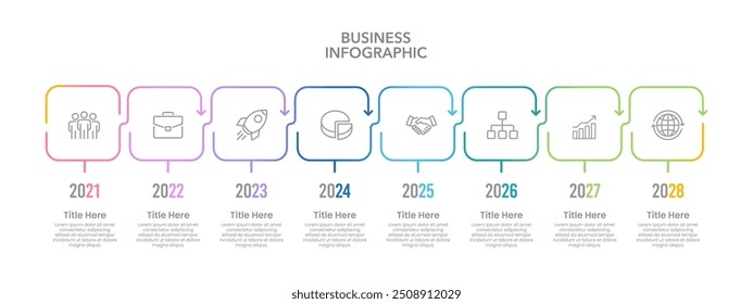 Cronología de infografía empresarial con 8 eventos de empresa. Presentación de Negocios, Informe Anual, Hitos, Planificación y Proyectos. Ilustración vectorial.