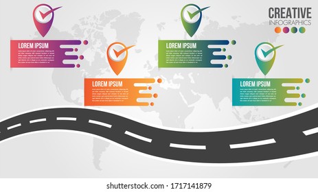 Business Infographic timeline design template with icons and 4 numbers options or steps. Can be used for process presentations, workflow layout, diagram, banner, flow chart, info graph.