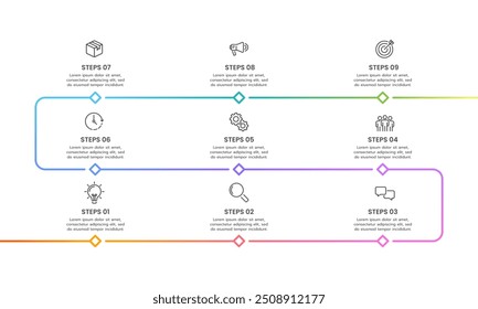 Business infographic timeline design template with 9 steps to success. Business presentation, Report, Milestone, Planning, and Roadmap. Vector illustration.