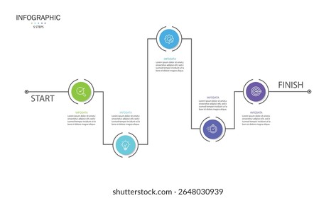 Business infographic timeline design template with 5 steps to success. Business presentation, Report, Milestone, Planning, and Roadmap. Vector illustration.