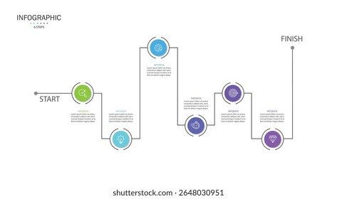 Business infographic timeline design template with 6 steps to success. Business presentation, Report, Milestone, Planning, and Roadmap. Vector illustration.