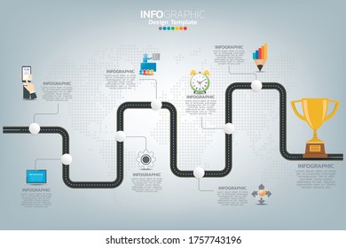 Business infographic timeline how to success with options and icons.