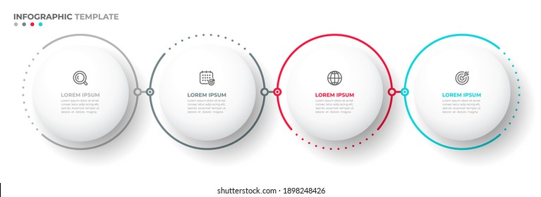 Business infographic timeline processes with 4 options, circles and icons. Vector illustration. Can be used for workflow layout, flow chart, annual report.