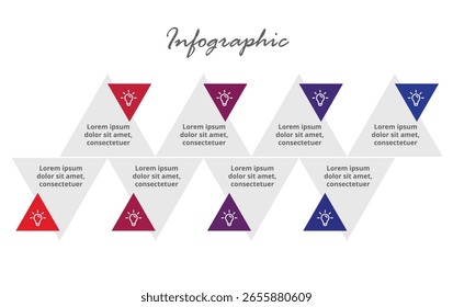 Business Infographic Timeline Template with 8 Steps for Project Planning, Strategy, Marketing, Workflow, Corporate Development, and Visual Reporting.
