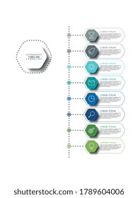 Business infographic timeline template with relistic hexagonal elements in flat colors on a white background. Modern process diagram with marketing icons and textboxes. Vector illustration eps10