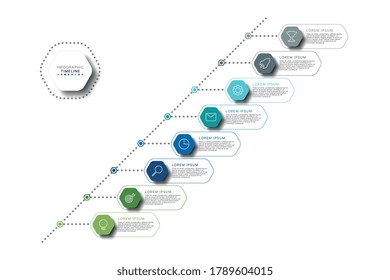 Business infographic timeline template with relistic hexagonal elements in flat colors on a white background. Modern process diagram with marketing icons and textboxes. Vector illustration eps10