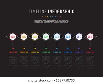 business infographic timeline template with round realistic elements on a black background. modern vector data visualisation with textboxes. easy to edit and customize. eps10