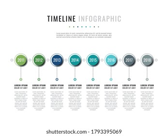 Business infographic timeline template with round realistic elements on a white background. Modern corporate history visualisation with eight dates and descriptions. Vector illustration eps10