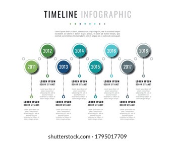 Business Infographic Timeline Template With Round Realistic Elements On A White Background. Modern Corporate History Visualisation With Eight Dates And Descriptions. Vector Illustration Eps10