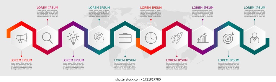 Business infographic Vector with 10 steps. Used for presentation,information,education,connection,marketing,
project,strategy,technology,learn,brainstorm,creative,growth,abstract,stairs,idea,text,work