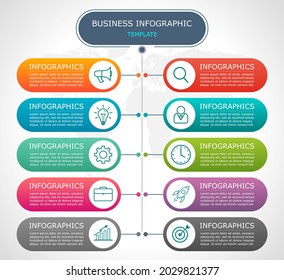 Business infographic Vector with 10 steps. Used for information,data,style,chart,graph,sign,icon,
project,strategy,technology,learn,brainstorm,creative,growth,stairs,success, idea,text,web,report,work