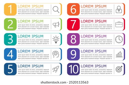 Business infographic Vector with 10 steps.Used for presentation,information,education,connection,marketing, project,strategy,technology,learn,brainstorm,creative,growth,abstract,stairs,idea,text,work.