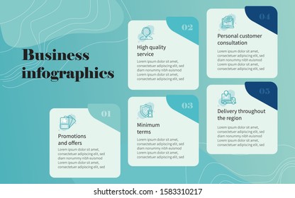 Business infographic Vector with 5 steps. Used for business presentation, information, education, connection, marketing, project, strategy, technology, creative, abstract, stairs,i dea, text, work.