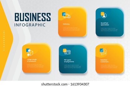 Business infographic Vector with 5 steps. Used for business presentation, information, education, connection, marketing, project, strategy, technology, creative. Separate rectangular elements with thi