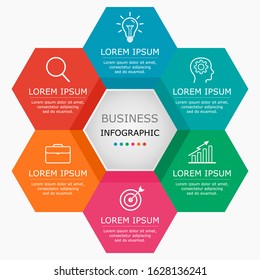 Business infographic Vector with 6 steps. Used for presentation,information,education,connection,marketing,
project,strategy,technology,learn,brainstorm,creative,growth,abstract,stairs,idea,text,work.