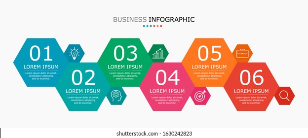 Business infographic Vector with 6 steps. Used for presentation,information,education,connection,marketing,
project,strategy,technology,learn,brainstorm,creative,growth,abstract,stairs,idea,text,work.