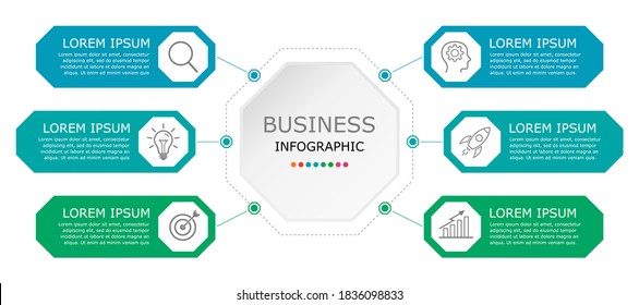 Business infographic Vector with 6 steps. Used for presentation,information,education,marketing,
project,strategy,learn,brainstorm,creative,growth,abstract,stairs,idea,text,web,data,plan,textbox,work.