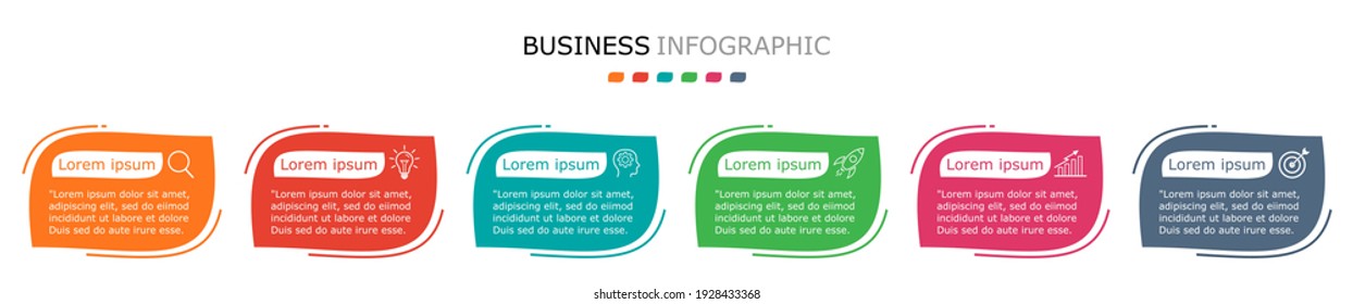 Business infographic Vector with 6 steps. Used for information,marketing,label,brochure,sign,outline,
agenda,process,design,project,strategy,brainstorm,creative,growth,abstract,stairs,idea,text,work.