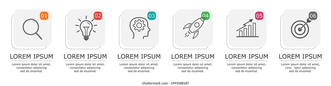 Business infographic Vector with 6 steps. Used for presentation,information,education,marketing,process,
project,strategy,learn,brainstorm,creative,growth,abstract,stairs,idea,text,sign,chart,work.