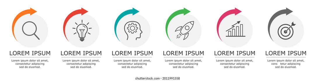 Business infographic Vector with 6 steps. Used for presentation,information,education,connection,marketing,
project,strategy,technology,learn,brainstorm,creative,growth,abstract,stairs,idea,text,work.