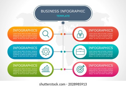 Business infographic Vector with 6 steps. Used for information,data,style,chart,graph,sign,icon,
project,strategy,technology,learn,brainstorm,creative,growth,stairs,success, idea,text,web,report,work.