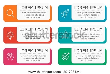 Business infographic Vector with 6 steps.Used for presentation,information,education,connection,marketing, project,strategy,technology,learn,brainstorm,creative,growth,abstract,stairs,idea,text,work.