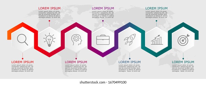 Business infographic Vector with 7 steps. Used for presentation,information,education,connection,marketing,
project,strategy,technology,learn,brainstorm,creative,growth,abstract,stairs,idea,text,work.