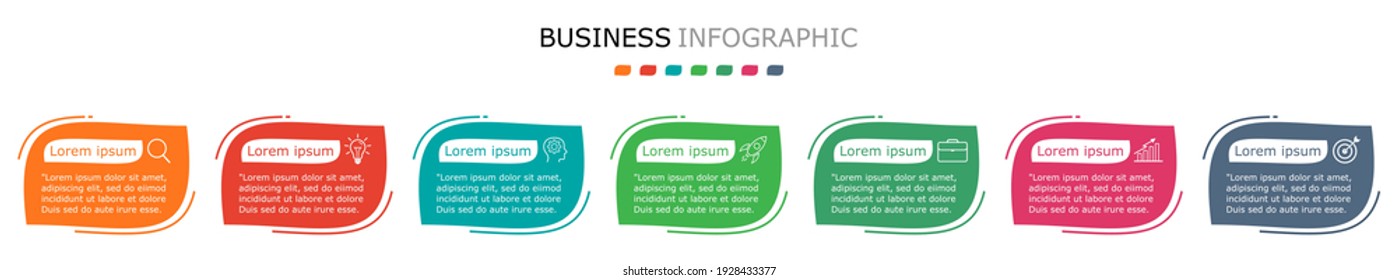Business infographic Vector with 7 steps. Used for information,marketing,label,brochure,sign,outline,
agenda,process,design,project,strategy,brainstorm,creative,growth,abstract,stairs,idea,text,work.