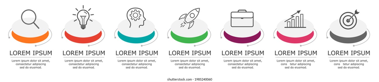 Business infographic Vector with 7 steps. Used for presentation,information,education,connection,marketing,
project,strategy,technology,learn,brainstorm,creative,growth,abstract,stairs,idea,text,work.