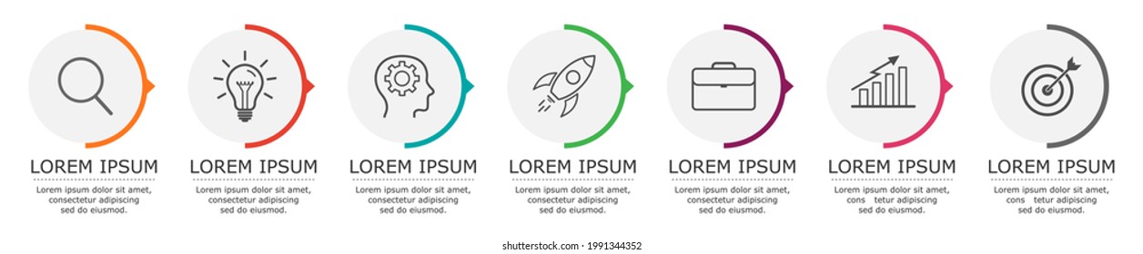 Business infographic Vector with 7 steps. Used for presentation,information,education,connection,marketing,
project,strategy,technology,learn,brainstorm,creative,growth,abstract,stairs,idea,text,work.