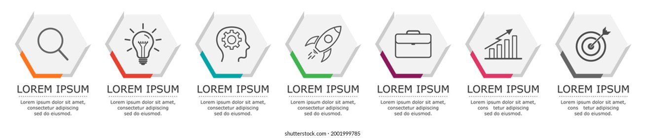 Business infographic Vector with 7 steps. Used for presentation,information,education,connection,marketing,
project,strategy,technology,learn,brainstorm,creative,growth,abstract,stairs,idea,text,work.