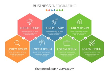 Business infographic Vector with 7 steps. Used for information,data,style,chart,graph,sign,icon,
project,strategy,technology,learn,brainstorm,creative,growth,stairs,success, idea,text,web,report,work.