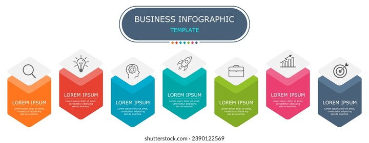 Business infographic Vector with 7 steps. Used for presentation,information,education,connection,marketing,
project,strategy,technology,learn,brainstorm,creative,growth,abstract,stairs,idea,text,work.