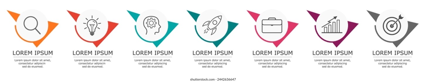 Business infographic Vector with 7 steps.Used for presentation,information,education,connection,marketing,
project,strategy,technology,learn,brainstorm,creative,growth,abstract,stairs,idea,text,work.