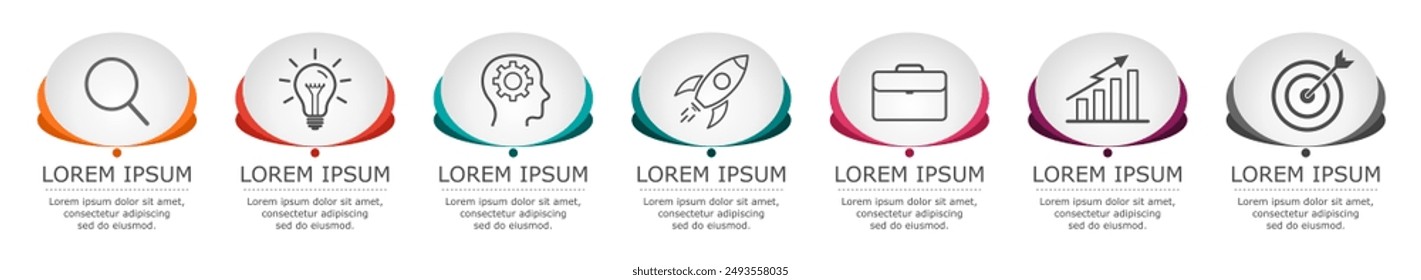 Business infographic Vector with 7 steps.Used for presentation,information,education,connection,marketing, project,strategy,technology,learn,brainstorm,creative,growth,abstract,stairs,idea,text,work.