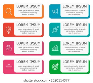 Business infographic Vector with 8 steps.Used for presentation,information,education,connection,marketing, project,strategy,technology,learn,brainstorm,creative,growth,abstract,stairs,idea,text,work.