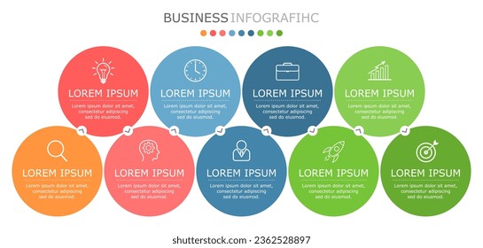 Business infographic Vector with 9 steps.Used for information,data,style,chart,graph,sign,icon,
project,strategy,technology,learn,brainstorm,creative,growth,stairs,success, idea,text,web,report,work.