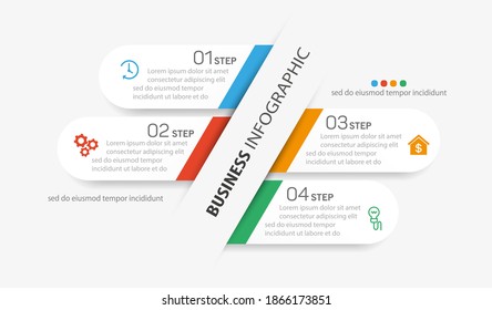 Plantilla de diseño de vectores de infografía empresarial con iconos y 4 opciones o pasos. Se puede utilizar para procesos, presentaciones, diseño, banner, gráfico de información