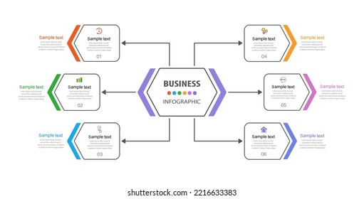 Infografische Vektordesign-Vorlage für Unternehmen mit 6 Optionen, Schritten oder Prozessen. Kann für Workflow-Layout, Diagramm, Jahresbericht, Webdesign verwendet werden  