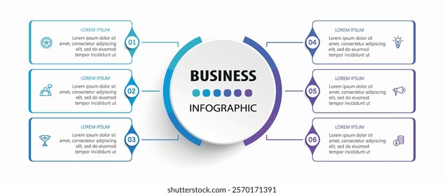 Business infographic vector design template with 6 options, steps or processes. Can be used for workflow layout, diagram, annual report, web design	
